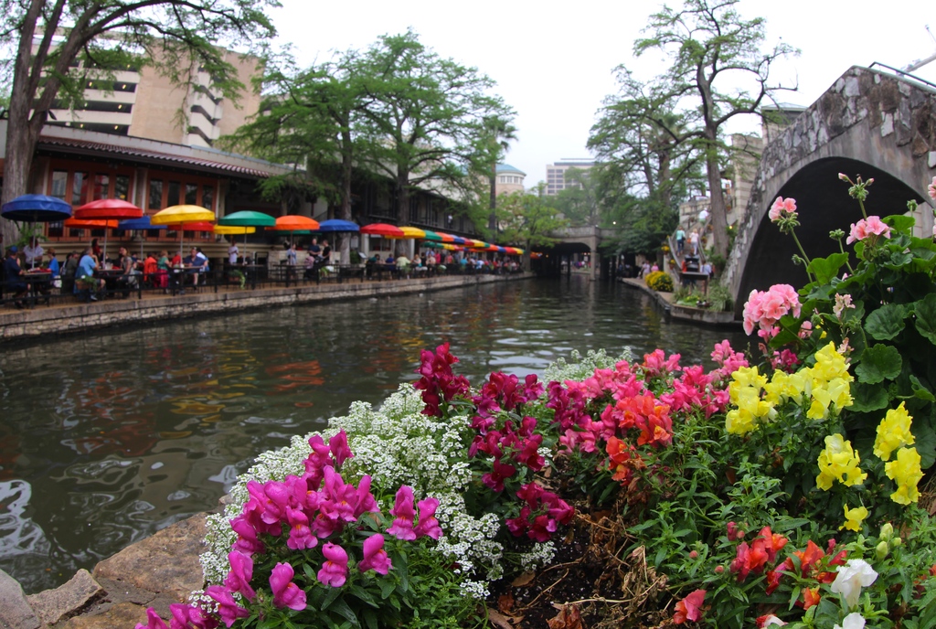 Eine Szene mit einem Restaurant auf der linken Seite, wo Menschen unter Schirmen sitzen, ein Kanal in der Mitte und viele Pflanzen auf der rechten Seite, mit Bäumen und Himmel im Hintergrund.