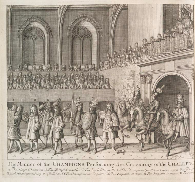 Ein Papier mit einer Zeichnung zeigt eine Gruppe von Menschen, einige zu Pferde, vor einer Menge mit einem Gebäude im Hintergrund, begleitet von Text, der "Die Art und Weise der Champions bei der Zeremonie der Herausforderung" lautet.