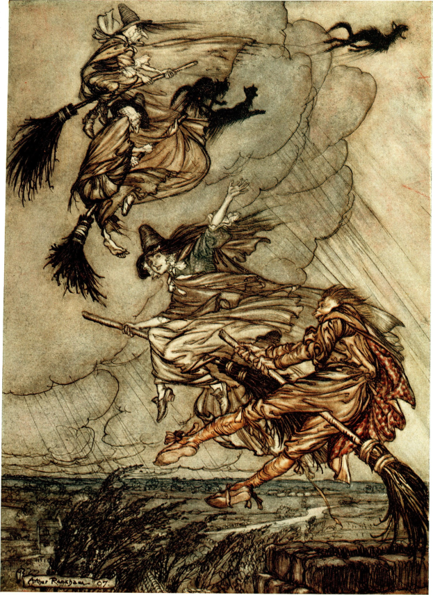 Gemälde von Arthur Rackham namens "Die Hexen", das drei Hexen zeigt, die auf einem Besenstiel fliegen.