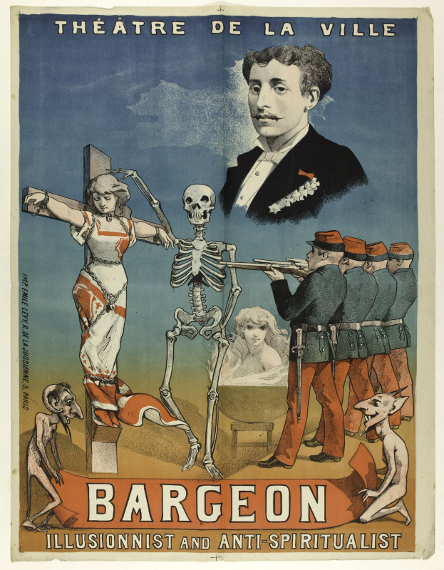 Plakat für das Théâtre de la Ville in Paris mit einem Skelett mit ausgestreckten Armen, umgeben von aufgeregten Menschen, mit fetter Schrift, die "Bargeon Illusionist und Anti-Spiritualist" lautet.
