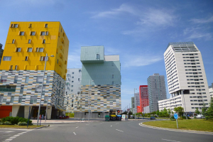 Stadtstraße mit hohen Gebäuden von der Universität Rotterdam, Straßeninfrastruktur, Kraftfahrzeuge, Grünfläche und bewölktem Himmel.