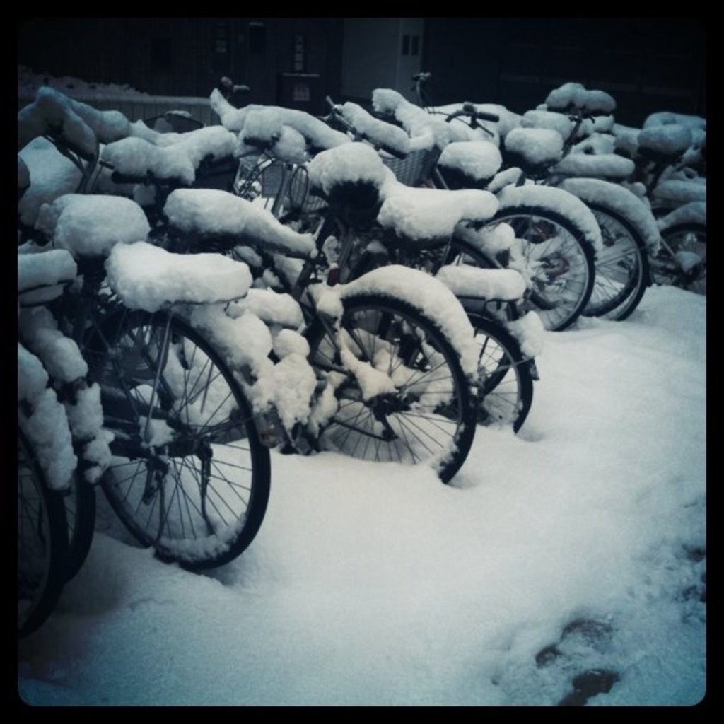 Fahrräder mit Schnee bedeckt auf einem schneebedeckten Boden.