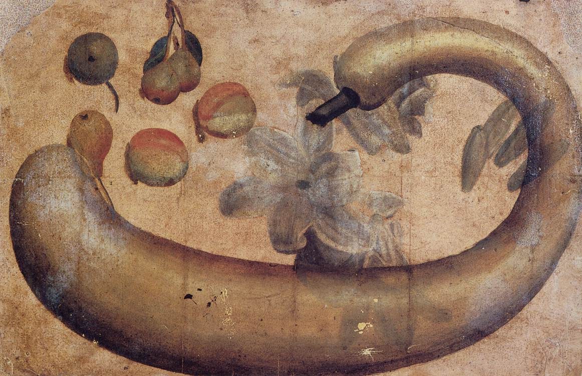 Ein leuchtendes Gemälde auf Papier mit einer Banane, die mit einer Blume geschmückt ist und von verschiedenen Früchten und Blättern umgeben ist.