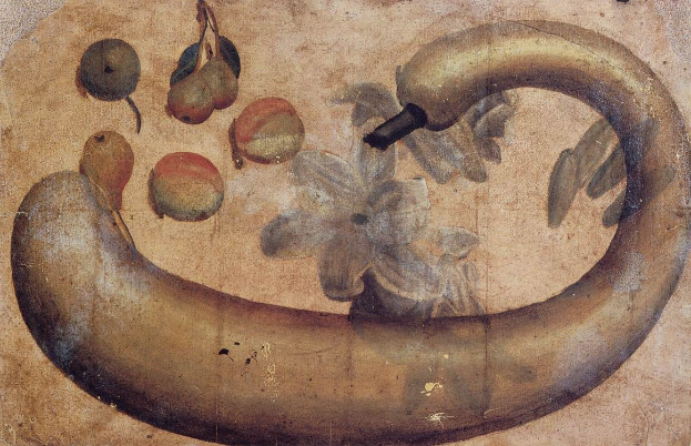 Ein leuchtendes Gemälde auf Papier mit einer Banane, die mit einer Blume geschmückt ist und von verschiedenen Früchten und Blättern umgeben ist.