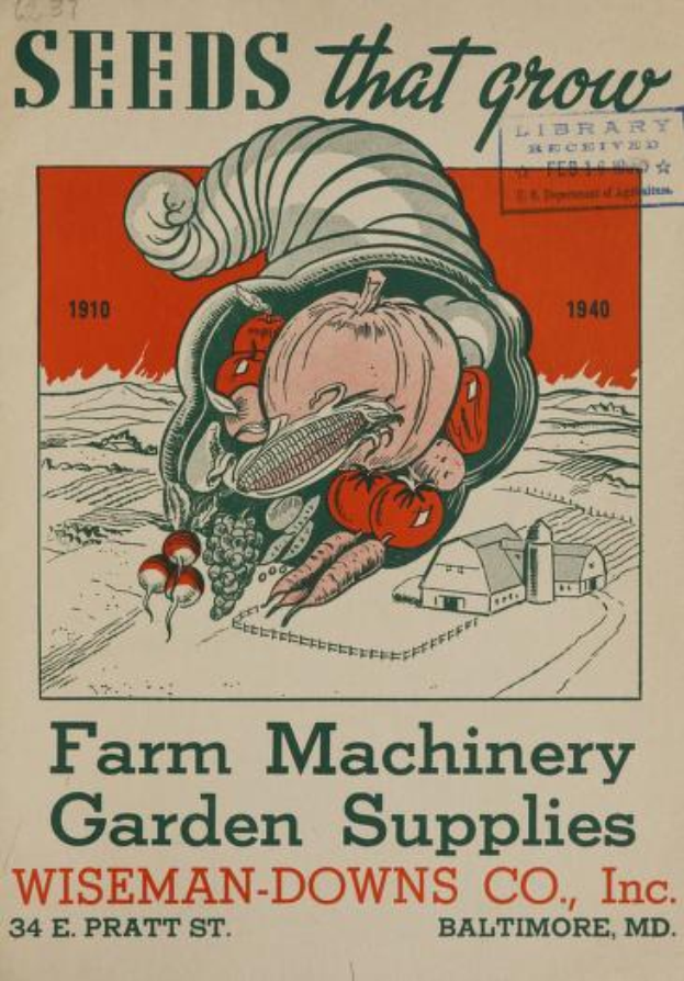 Ein Vintage-Plakat von Wiseman-Downs Co., Inc. mit verschiedenen Landmaschinen und Gartenzubehör, mit beschreibendem Text.