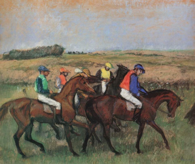 Gemälde von Jockeys, die auf Pferden über eine grüne Wiese mit Bäumen und einem hellblauen Himmel im Hintergrund rasen.