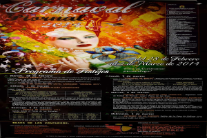 Eine Frau in einem bunten Kleid, die fröhlich lächelt, umgeben von schwarzem Text mit der Aufschrift "Carnaval Festival 2014" auf einem leuchtend gelben Hintergrund.