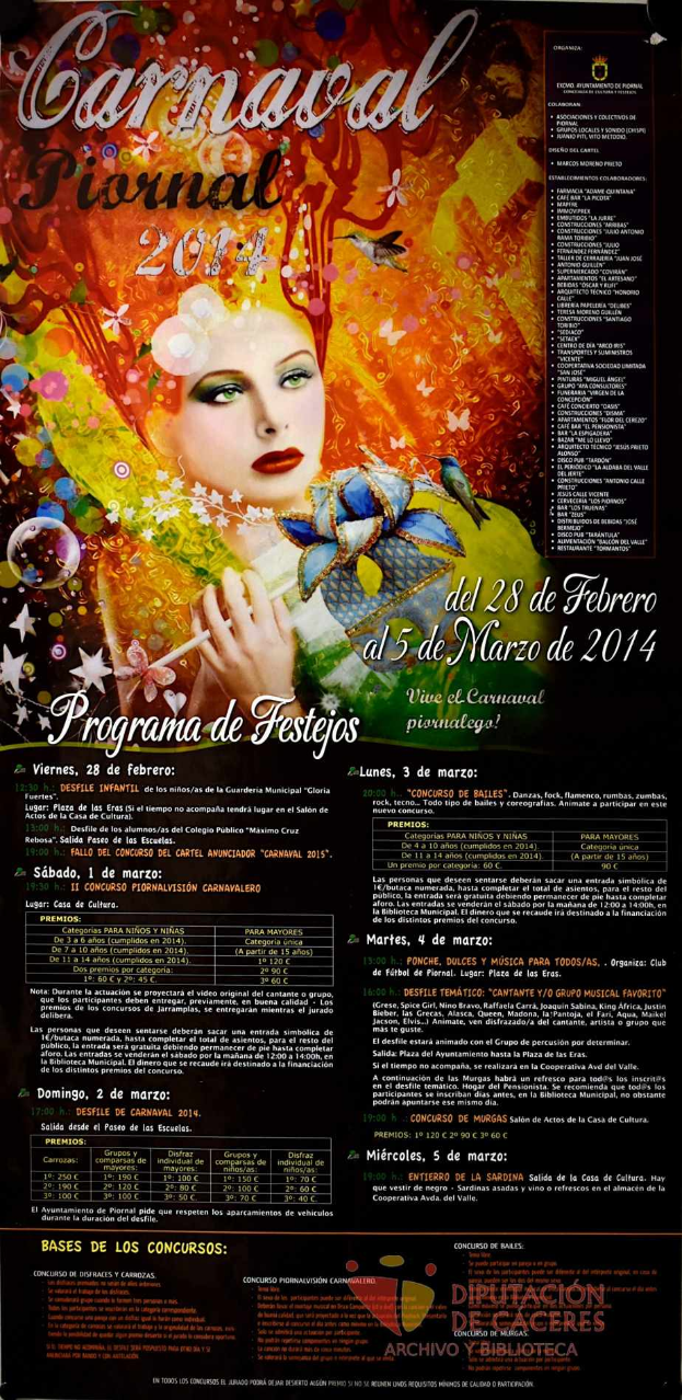 Eine Frau in einem bunten Kleid, die fröhlich lächelt, umgeben von schwarzem Text mit der Aufschrift "Carnaval Festival 2014" auf einem leuchtend gelben Hintergrund.