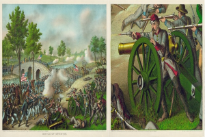 Plakat, das die Schlacht von Antietam mit Soldaten zeigt, die stehen und liegen, einige halten Gewehre, Bäume und eine Brücke im Hintergrund, Rauch, Flaggen und ein bewölkter Himmel, mit Text unten.