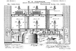 Eine detaillierte Zeichnung einer W"armeregulierungsanlage aus 1885, mit zahlreichen Rohren und Ventilen, samt begleitendem Text.