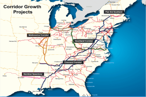 Ein Plakat mit einer detaillierten Karte der Vereinigten Staaten in hellblau, die Straßen und Autobahnen hervorhebt, und zentrierter Schrift in fetter schwarzer Schrift, die "Corridor Growth Projects" liest.