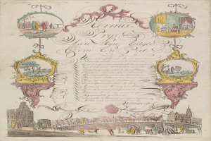 Ein aufgeschlagenes Buch mit einer Stadtansicht-Illustration, die Gebäude, Menschen, eine Brücke und andere Gegenstände zeigt, begleitet von Text.