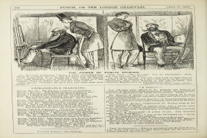 Altes Buchcover mit einer Zeichnung eines Mannes in einem Stuhl und einer Frau neben ihm, betitelt "Die Macht der öffentlichen Meinung."