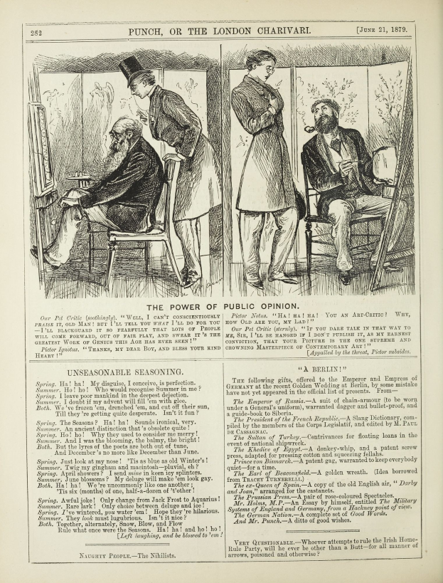 Altes Buchcover mit einer Zeichnung eines Mannes in einem Stuhl und einer Frau neben ihm, betitelt "Die Macht der öffentlichen Meinung."