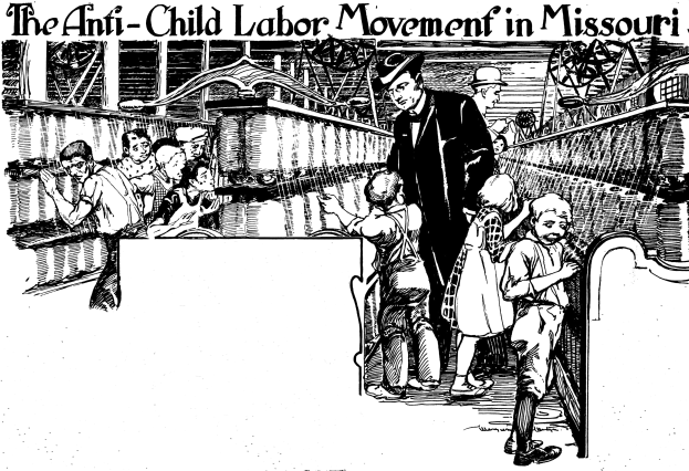 Plakat für die Anti-Kinderarbeit-Bewegung in Missouri, das eine Gruppe von Menschen in traditioneller Kleidung zeigt, einige stehend und einige sitzend, mit Text oben und unten und Ausdrucken des Leidens.