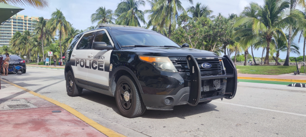 Polizeiauto auf dem Seitenstreifen geparkt mit Menschen, Fahrrädern, Gras, Bäumen, Gebäuden und einem klaren blauen Himmel im Hintergrund; das Vorderrad des Autos ist sichtbar.
