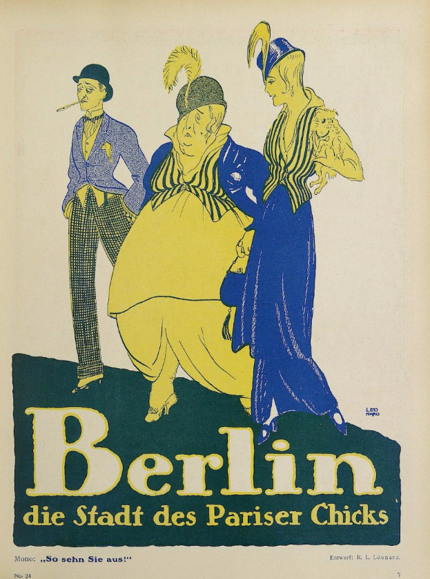 Plakat, das ein Konzert in Berlin, Deutschland, mit einer Gruppe von Menschen in bunter Kleidung vor einem Gebäude und dem Text "Berlin - Die Stadt des Pariser Chicks" oben anzeigt.