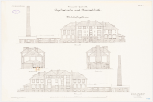 Eine Zeichnung eines mehrfenstrigen Gebäudes mit einem Schornstein, das als psychiatrische Klinik in Deutschland gilt, mit Text, der weitere Informationen liefert.