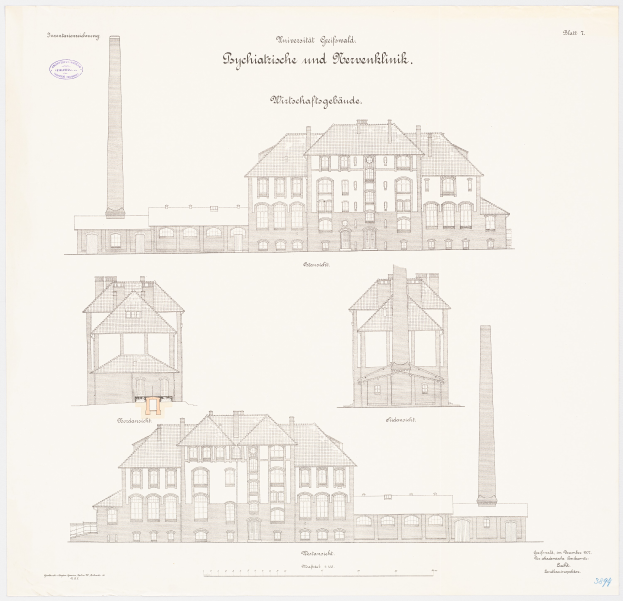 Eine Zeichnung eines mehrfenstrigen Gebäudes mit einem Schornstein, das als psychiatrische Klinik in Deutschland gilt, mit Text, der weitere Informationen liefert.