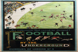 Ein Vintage-Plakat, das eine Menge Menschen bei einem Fussballspiel in einem Stadion zeigt, mit der Aufschrift "Fussball von der U-Bahn - Londoner Humor Nr. 3" oben.