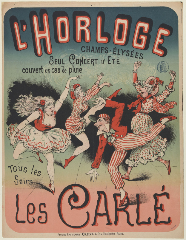 Ein farbenfrohes Konzertplakat für ein Event im Chorlage in Paris, das eine Gruppe von Menschen in farbenfrohen Kostümen zeigt, die fröhlich tanzen, vor einem hellgelben Hintergrund mit fetter Schrift.