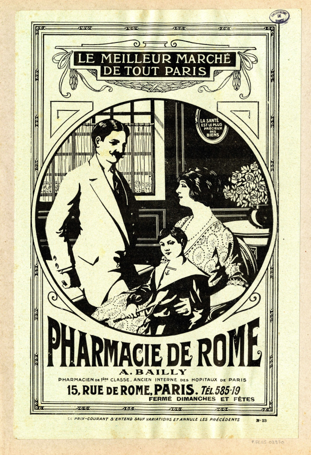 Schwarze-Weiße-Anzeige für eine Apotheke in Rom mit einem Mann und einer Frau nebeneinanderstehend und Text, der die Apotheke und ihre Dienstleistungen beschreibt.