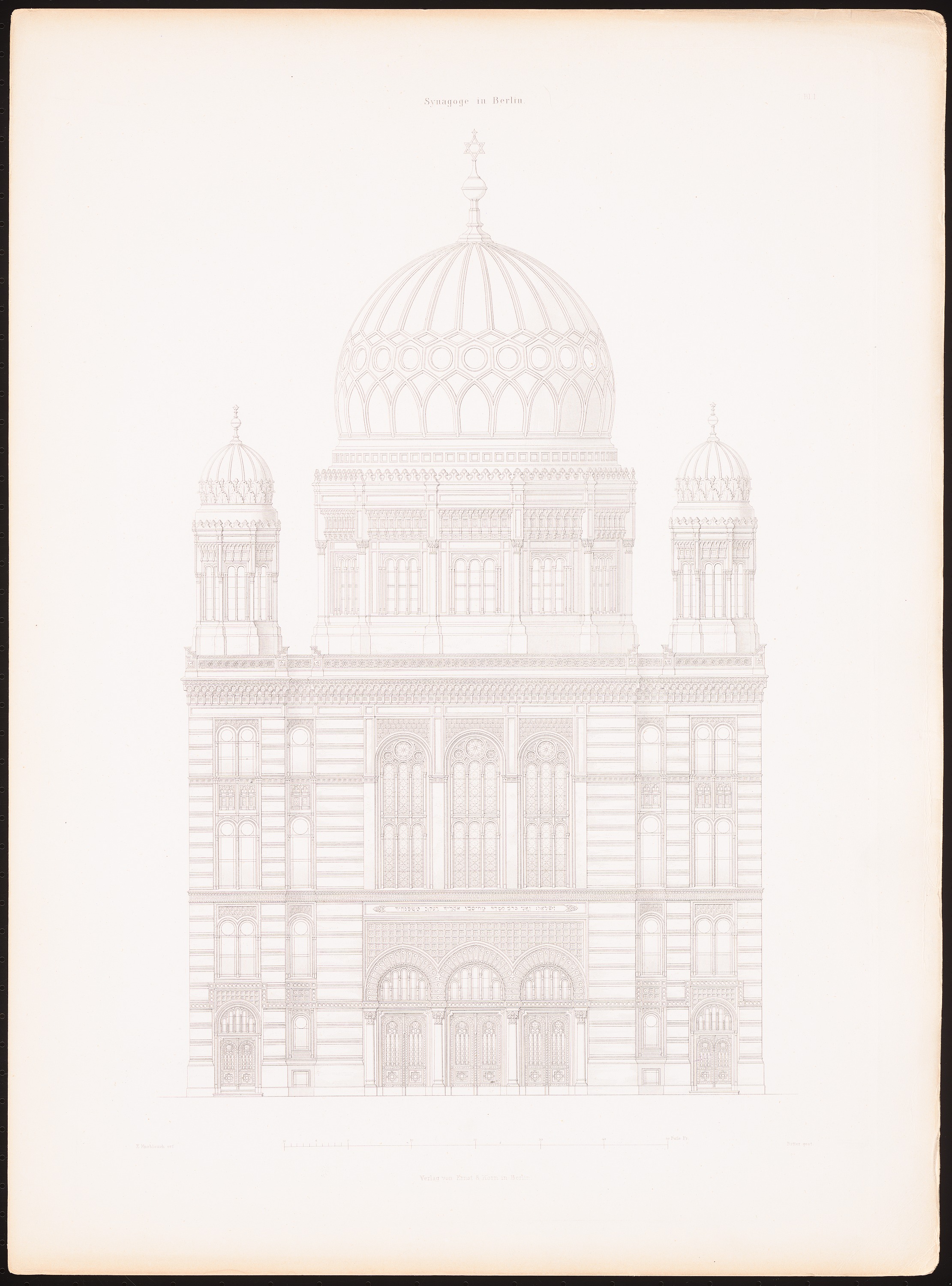 Eine Zeichnung eines Kuppelgebäudes, der Berliner Synagoge, umgeben von einem schwarzen Rand.