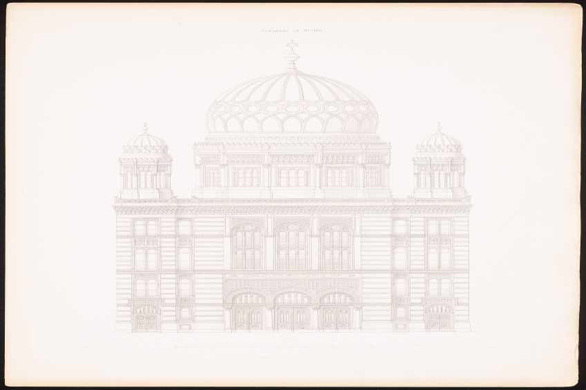 Eine Zeichnung eines Kuppelgebäudes, der Berliner Synagoge, umgeben von einem schwarzen Rand.