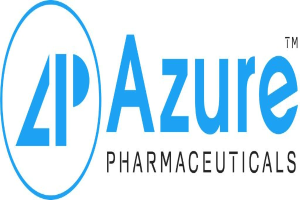 Logo von Azure Pharmaceuticals mit dem Firmennamen in fetter schwarzer Schrift innerhalb eines blauen Kreises mit weißer Umrandung auf einem weißen Hintergrund.