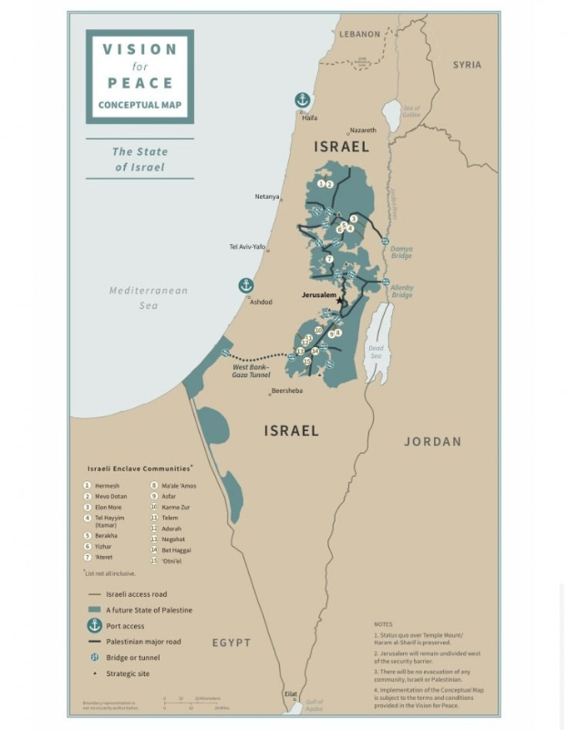 Plakat mit der Aufschrift "Vision für Frieden-Konzeptkarte", das eine farbcodierte Karte von Israel mit fetter schwarzer Schrift zeigt.