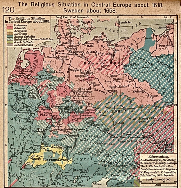 Ein Plakat mit einer detaillierten Karte von Mitteleuropa aus dem Jahr 1618, die mit Texten versehen ist, die die religiöse Landschaft der Region beschreiben.