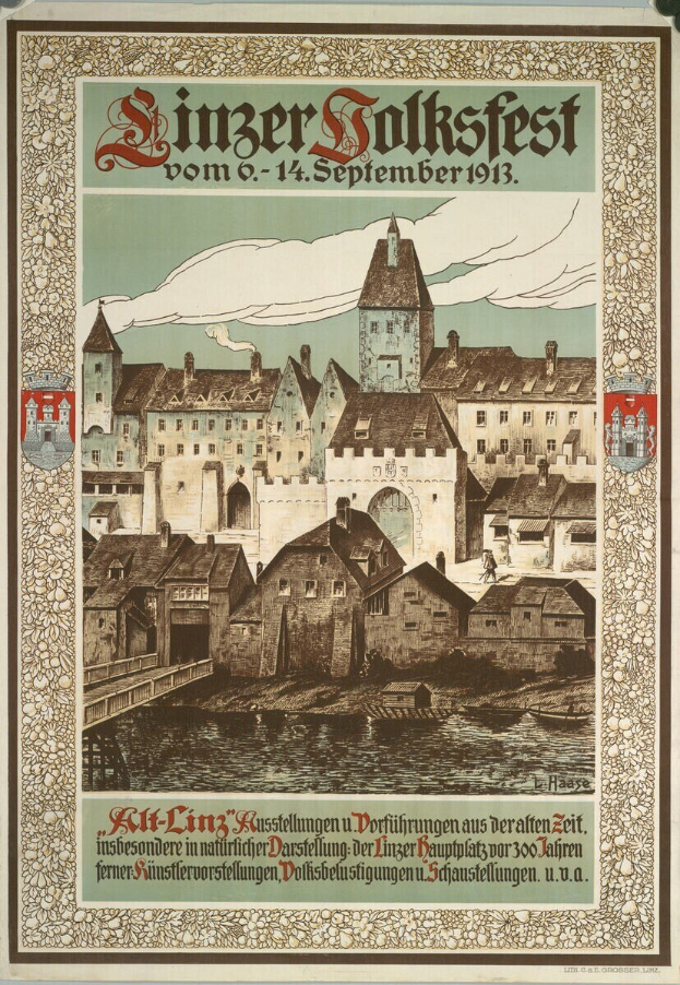 Alter deutscher Festivalplakat mit einem Schloss umgeben von Häusern, das Text über das Ereignis enthält.
